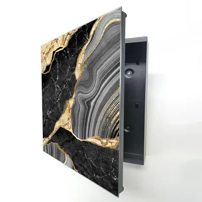 Produktbild von Schlüsselkasten Schwarz aus Metall, Marmor Optik Gold Schwarz hinter Glas, Moderne Schlüsselbox linksöffnend, 32x28x6,5 cm, 20 Haken