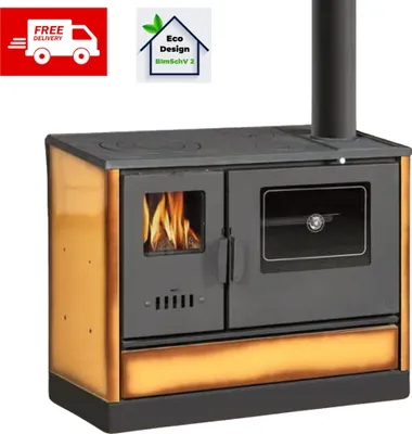 A wood-burning stove with an oven and stovetop, presented on a white background with marketing overlays.