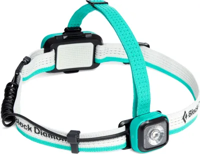 Sprinter 500 Stirnlampe von Black Diamond mit verstellbarem Kopfband in Schwarz und Türkis.