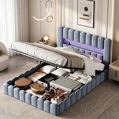 Image de INONEFT, lit rembourré 180x200 cm avec USB et tête de lit LED, lit double, lit coffre hydraulique avec sommier à lattes, lit pour adolescents, velours, gris