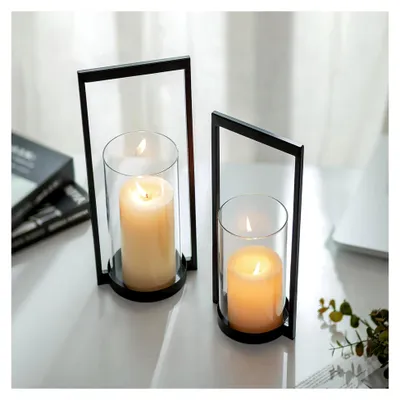 Produktbild von Windlicht Kerzenständer Schwarz Deko: Moderner Kerzenhalter für Stumpenkerzen aus Metall mit Glaszylinder für Tischdeko - Geometrische Windlichter aus Glas für Wohnzimmer und Außenbereich