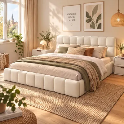 Produktbild von Bubble Bett 140x200cm,Polsterbett mit Lattenrost,Doppelbett mit Weicher Kopfteil,Bettgestell,Ohne Matratze,Leinen, Beige