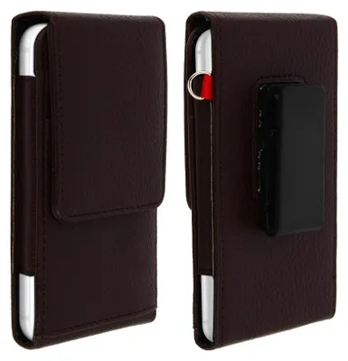 Two views of a brown leather phone case with a belt clip.