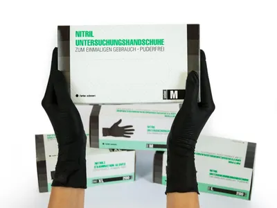 Produktbild von Einweghandschuhe Nitril 200 Stück Box (M, Nitril schwarz) Nitrilhandschuhe, Einmalhandschuhe, Untersuchungshandschuhe, Nitril Handschuhe, puderfrei, ohne Latex, unsteril, latexfrei, disposible gloves