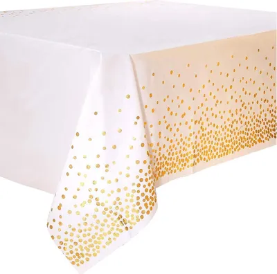 Obrázok produktu pre sada 4 bielych zlatých obrusov 137x274 cm na obdĺžnikové stoly, dizajn zlatých bodiek a konfiet