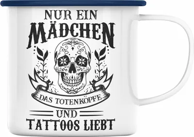Produktbild von Trendation - Tattoos Frauen Emaille Tasse Tätowiererin Geschenk Emaille Emaille Tasse Tattoo Totenkopf Emaille Tassen (Blau)