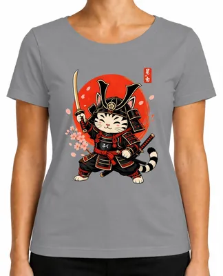 Imagen del producto de Camiseta para mujer con diseño de "Samurai Katze" (gato samurai), estilo japonés, con motivos de katana, ninja, guerrero, anime, diseño "kawaii" y elementos de la estética "Y2K" y "sakura". Color: gris. Talla: S