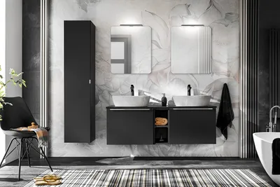 Produktbild von Badmöbel Set SANTA FE 140 cm mit 2 Waschbecken SCHWARZ MATT SOFT-CLOSE Waschtisch Spiegel Hochschrank