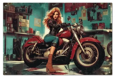 Metall-Tin-Schild Garage Motorrad Lady 20x30 cm Retro
