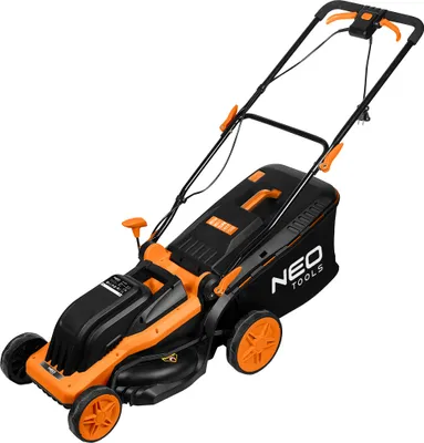 Immagine prodotto di Tosaerba elettrico NEO TOOLS da 1600 W - larghezza di taglio di 38 cm, regolazione centrale dell'altezza a 6 posizioni (25-75 mm), cesto per l'erba da 45 L con indicatore di livello
