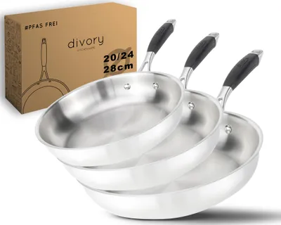 Produktbild von DIVORY Edelstahlpfannen Set 20, 24, 28 cm – Unbeschichtete Pfannen ohne PTFE, Bratpfannen Edelstahl für Induktion & alle Herdarten