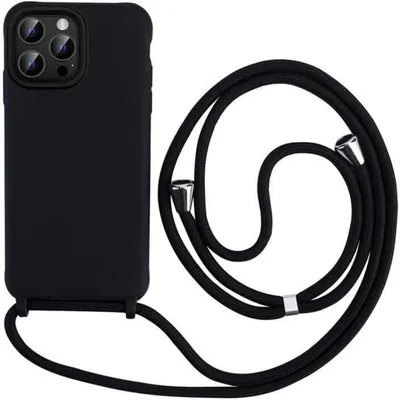 Immagine prodotto di Custodia in silicone nera per iPhone 16 Pro Max, con tracolla, resistente agli urti