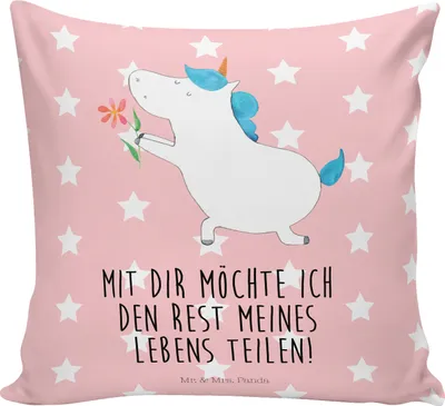 Produktbild von Mr. & Mrs. Panda kuschelkissen 40x40 Einhorn Blume - Rot Pastell - Geschenk, Einhörner, Liebe, Freundin, Sofakissen, Deko Kissen, Partner, Dekokissen, Ehe, Unicorn, Sofa