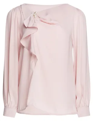 Produktbild von Rosa Satin Bluse S mit asymmetrischem Ausschnitt, zarten Rüschen und Perlen