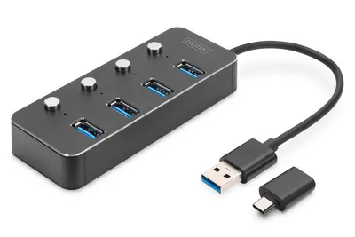 Immagine prodotto di DIGITUS Hub USB 3.0 a 4 porte commutabili alloggiamento in alluminio grigio scuro