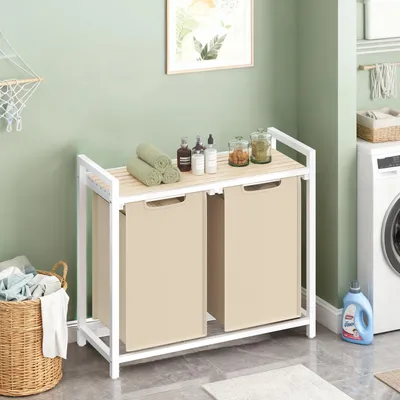 Produktbild von VASAGLE Wäschekorb 2 Fächer, Wäschesammler mit Ablage, Wäschebox, Wäschesack abnehmbar, Metallrahmen, 2 x 46 L, beige