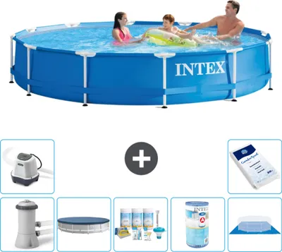Produktbild von Intex Rundrahmen-Schwimmbecken – 366 x 76 cm – Blau – inklusive Pumpe Abdeckung - Wartungspaket - Filter - Bodenplane - Salzwassersystem - Poolsalz