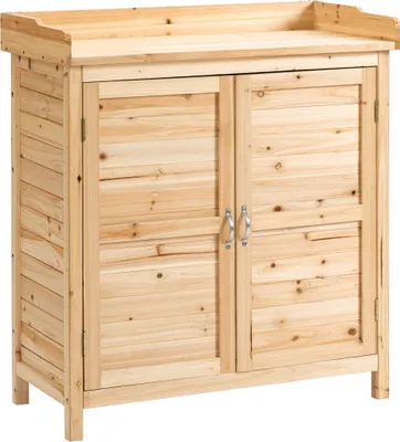 Image de Outsunny Armoire de jardin remise pour outils sur pied placard avec double porte et étagère interne en bois massif sapin pré-huilé dim. 83L x 40l x 92H cm naturel