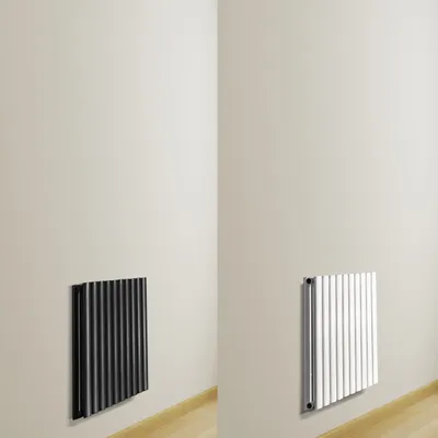 Two identical radiators, one black and one white, are shown mounted on a wall in separate frames.