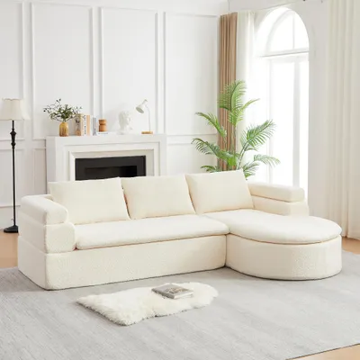 Image de Canapé d'angle en forme de L, avec chaise longue, revêtement en velours, design "cloud", 3 places, surface de couchage incurvée (beige)