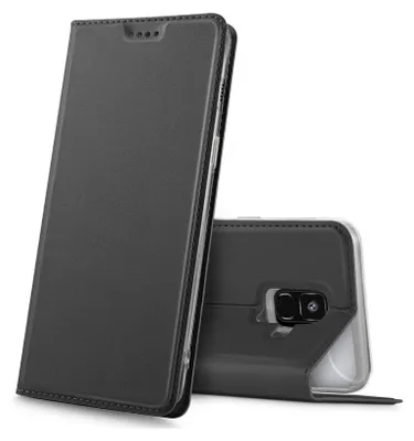 A black flip case for a Samsung Galaxy A6 phone is shown in a studio setting.