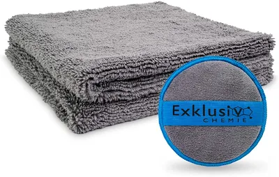 Produktbild von Exklusiv Chemie 2x Randlose Mikrofasertücher Q4 620 GSM + Handpolierschwamm - 40 x 40 cm