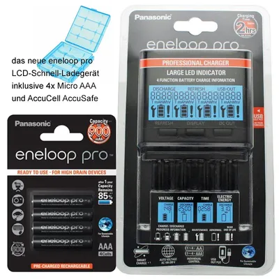 Obrázek produktu pro Panasonic eneloop nabíječka BQ-CC65 včetně LCD displeje, 4 eneloop Pro AAA Micro, AccuCell Box Blue