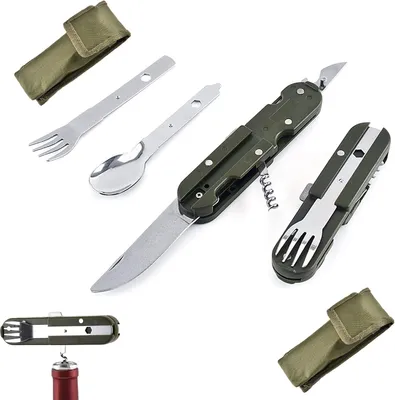 Produktbild von Multifunktionales Outdoor Campingbesteck - 5-in-1 Set aus Edelstahl - Inklusive Oxford Tasche