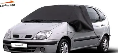 A silver car is covered with a black frost protection cover on its windshield and hood.