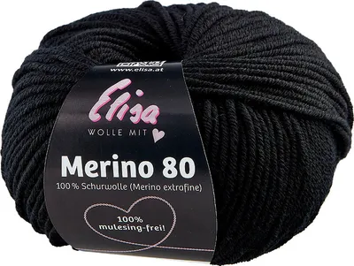 Produktbild von Elisa Wolle Merino 80,extrafeine superweiche 100% Wolle, 50g/80 m, 7122 schwarz