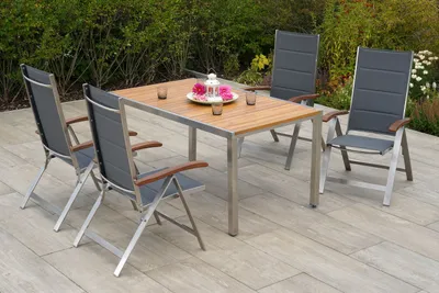 Produktbild von Merxx Gartenmöbelset "Ferrara" 5tlg. mit Tisch 150 x 90 cm - Edelstahlgestell mit Textilbespannung Grau und Akazienholz