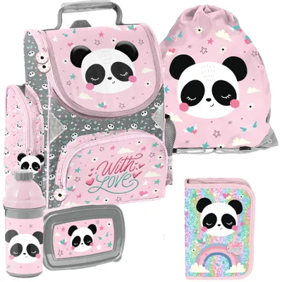 Produktbild von Schulranzen 5-tlg. Set für Mädchen & Jungen PANDA – Paso Ranzen, Mäppchen, Tasche, Flasche, Frühstückstasche