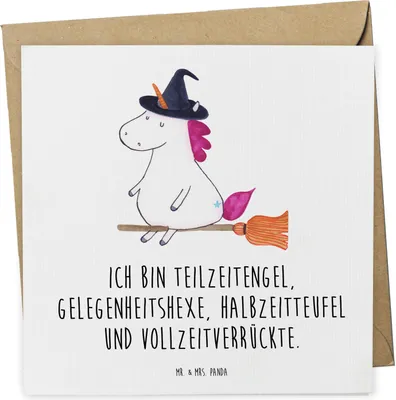 Produktbild von Mr. & Mrs. Panda Klappkarte Einhorn Hexe - Weiß - Geschenk, faltkarte, Teufel, Grußkarte, Engel, Frau, Glückwunschkarte, doppelkarte, anlasskarte, Freundin