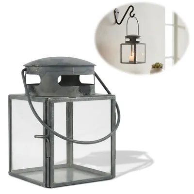 Produktbild von LS-LebenStil Vintage Laterne Windlicht 11cm Metall Grau Teelichthalter für Teelicht kleine Stumpenkerze Gartenlaterne zum Hängen Kerzenhalter
