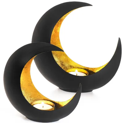 Image de Gadgy Gadgy Bougeoir Lune - Bougeoir - Set de 2 : 15 cm et 21 cm - Noir / Or - Métal