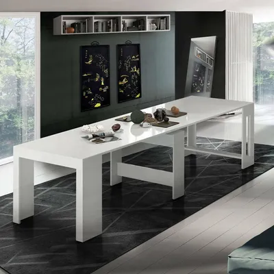 Produktbild von Ausziehbarer Esstisch Martino, Ausziehbare Konsole bis zu 12 Sitzplätzen, Tisch mit Verlängerungshalter, 100 % Italy, cm 51/300x90h77, glänzend weiß