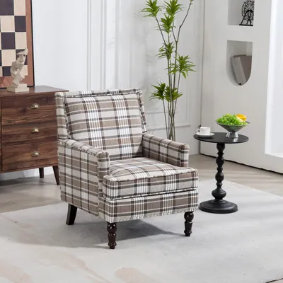 Produktbild von Vintage-Polstersessel mit Leinenstoff, Ziernagelbesatz, 69 x 69 x 89 cm, Braun / Weiss
