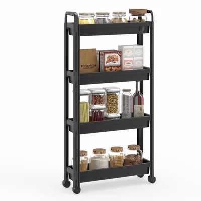 Produktbild von COSTWAY Küchenwagen auf Rollen, Nischenregal Bad Organizer mit Griffen, multifunktionaler Aufbewahrungswagen, Rollwagen Kunststoff, Schwarz