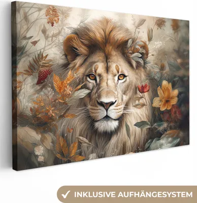Produktbild von MuchoWow® - Leinwandbilder - Löwe - Wildtiere - Pflanzen - Natur - Blumen, Wandbild, Wanddeko Bilder Wohnzimmer, 120x80cm