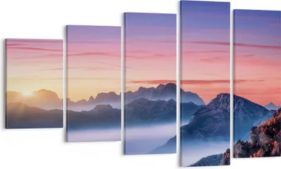 Produktbild von Bild auf Leinwand - Leinwandbild - 5 Teile - Westen Sonne Berge - 100x60cm - Wand Bild - Wanddeko - Wandbilder - Leinwanddruck - Bilder - Wanddekoration - Leinwand bilder - Wandbild - EG100x60-4525