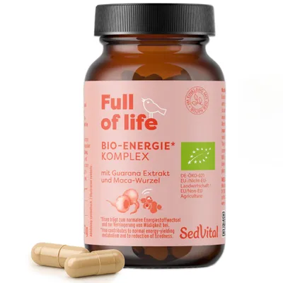 Produktbild von SedVital  Energie Kapseln Full of life -  Energie Komplex mit 90 Kapseln mit natürlichem Koffein aus Guarana sowie Eisen & Vitamin C vegan