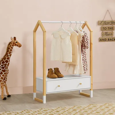 Produktbild von Juskys Kinder Kleiderständer Filla mit großer Schublade - Holz Kindergarderobe Weiß