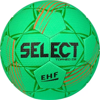 A green handball with orange markings and text.