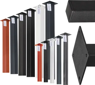 A collection of table legs in various colors and styles, displayed in a studio setting against a white background. Some legs are shown individually, while others are grouped together. Close-up shots of a corner piece and a top plate are also included.