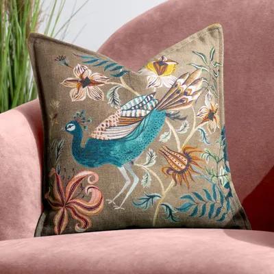Productafbeelding van Decoratieve kussens, pauwenprint, saffraangeel, linnenlook, 43x43 cm