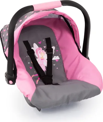 Produktbild von Bayer Design 67966AA Puppenautositz mit Dach, mit Sicherheitsgurt, verstellbarem Griff, für Puppen bis 46 cm, grau, rosa
