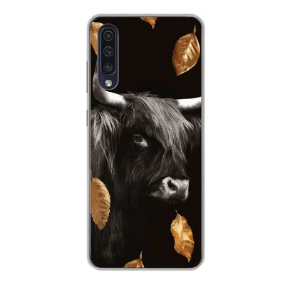 Produktbild von MuchoWow® Handyhülle Schutzhülle Hülle für Samsung Galaxy A50 Schottischer Highlander - Blätter - Gold - Schwarz Silikon Softcase Handy Hülle - Mobiltelefonhülle