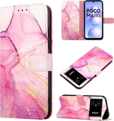 Obrázek produktu pro Xiaomi Poco M4 5G Pouzdro,PolyuretanKožené Pouzdro s Mramorovým Vzorem, Kapsy na Karty, Stojánek Pouzdro pro Xiaomi Poco M4 5G / Poco M5 5G Růžový