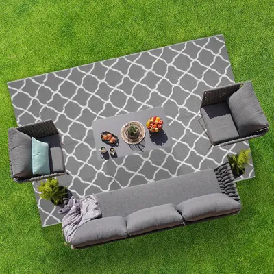 Produktbild von LifeGoods Outdoor Teppich - 183x290CM - Außenteppich - Gartenteppich - Balkonteppich - Wendbar - Inkl. Tragetasche - Mit Muster - Grau/Weiß