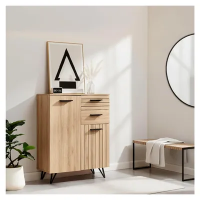 Produktbild von Sideboard Noppen Kommode mit 2 Türen und 2 Schubladen 100 x 80 x 38 cm in Eicheoptik